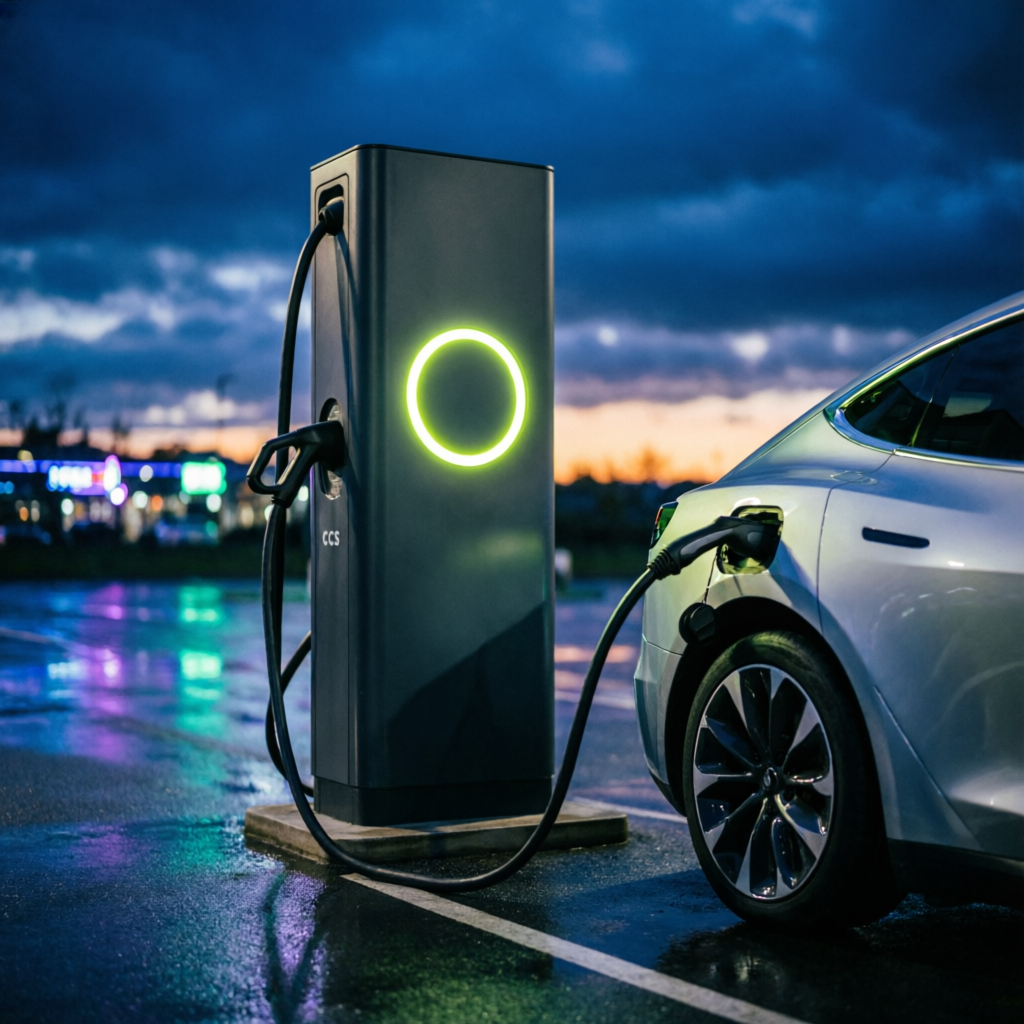 Electrolinera de carga rápida CCS al atardecer con el cable conectado a un coche eléctrico y reflejos LED verdes sobre pavimento mojado