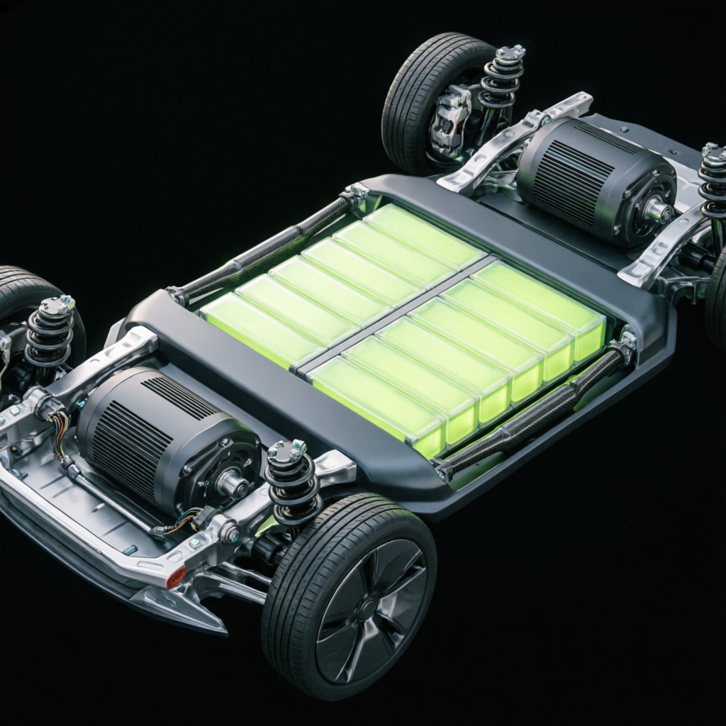Vista isométrica de la plataforma skateboard de un coche eléctrico con la batería de celdas iluminada en verde y un motor en cada eje