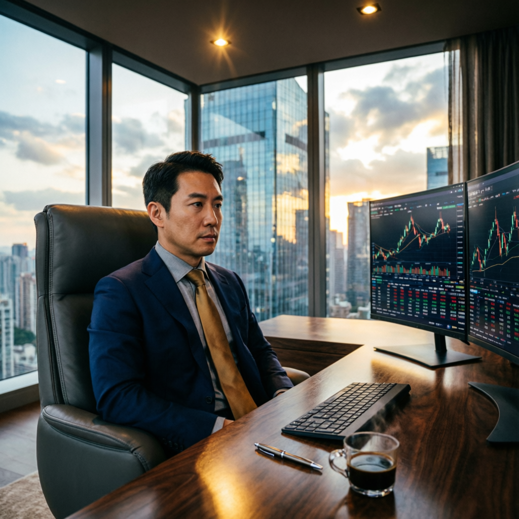 Professional trader in luxury penthouse office