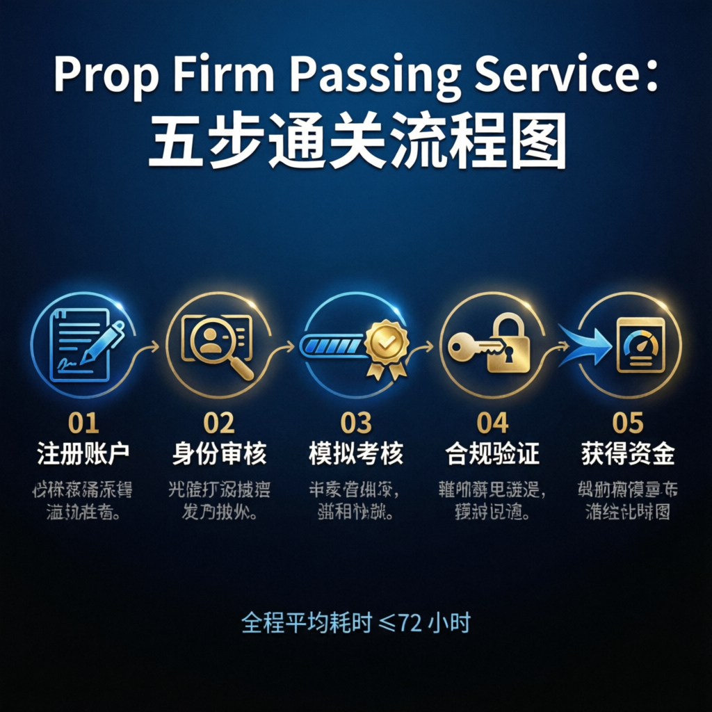 Prop Firm Passing Service Five Step Process Flowchart Showing Registration Through Funding