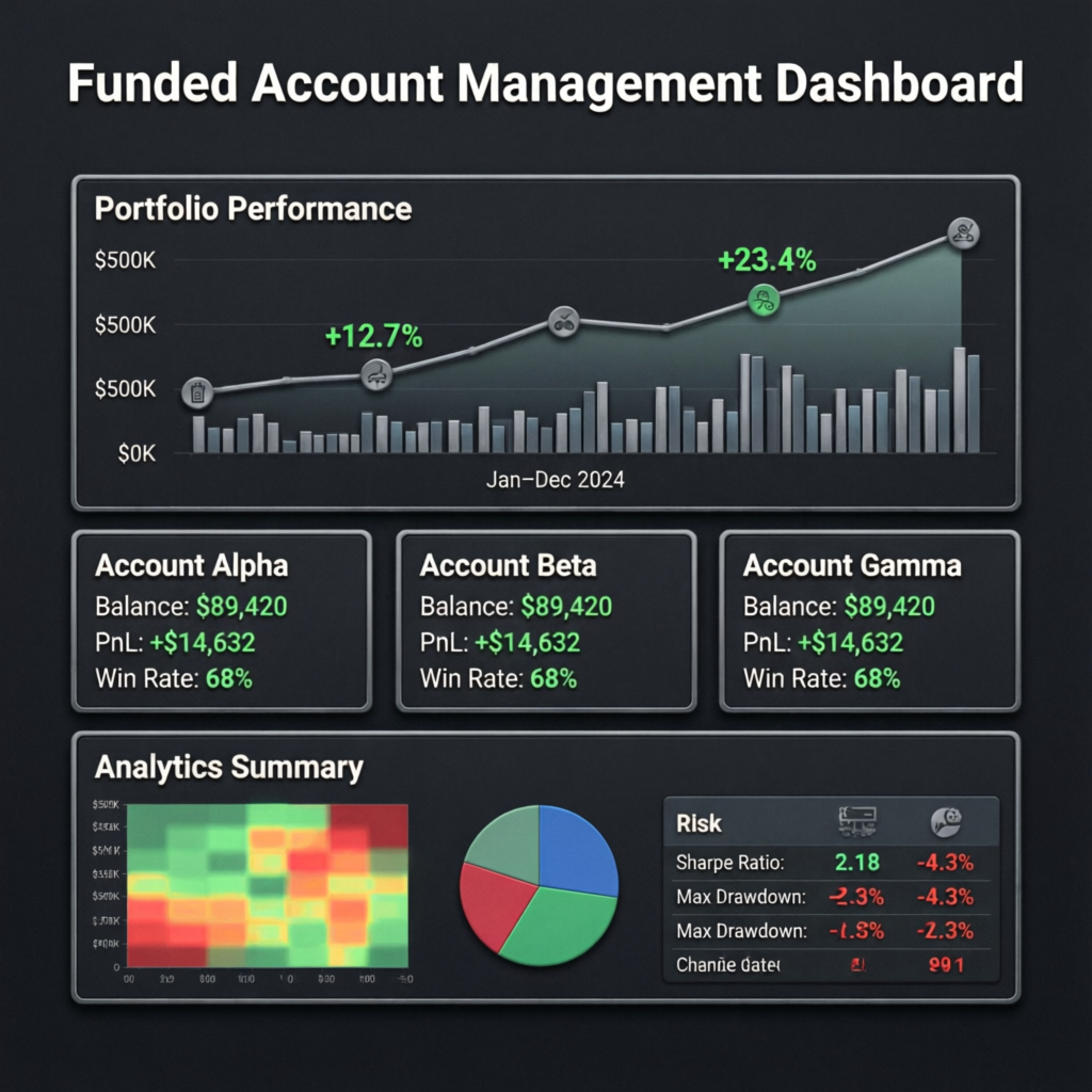 Funded Account Management Dashboard Showing Portfolio Performance with Multiple Account Statistics