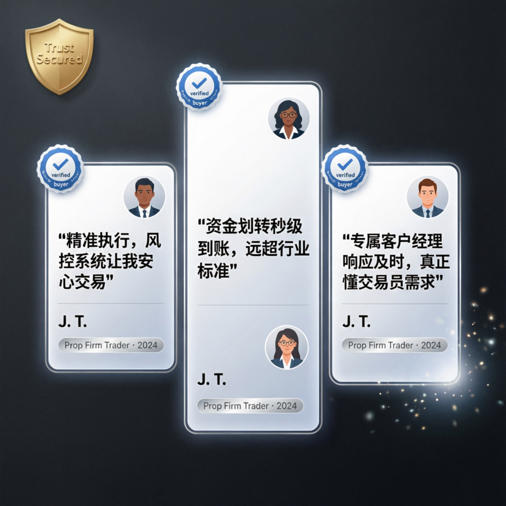 Professional 5-Star Customer Reviews for PFM Capitals Prop Firm Passing Service Showing Verified Buyer Badges