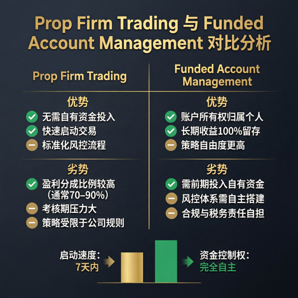 Prop Firm Trading vs Funded Account Management Comparison Analysis Infographic