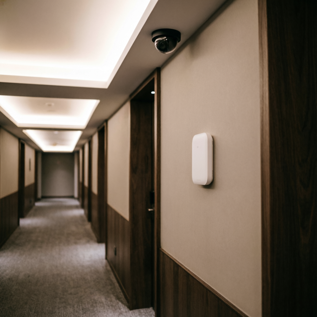 Pasillo de hotel con cámara y access point discretos