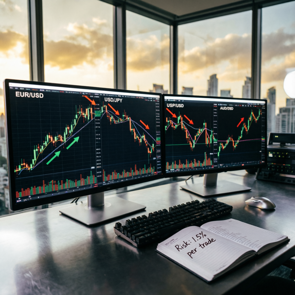 Multiple forex currency pair charts showing trend analysis on trading monitors