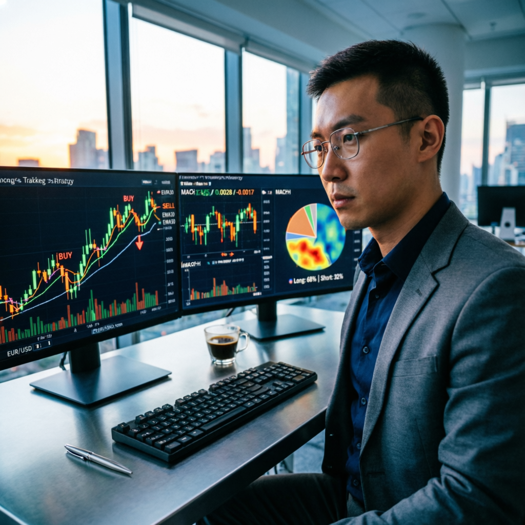 Professional forex trader using trend following strategy on multiple monitors - PFM Capitals