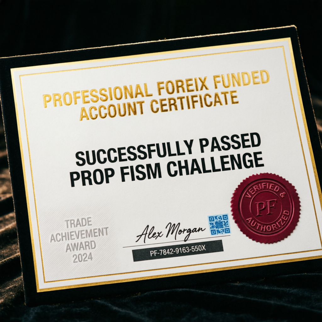 Professional forex funded account certificate showing successful prop firm challenge completion by PFM Capitals