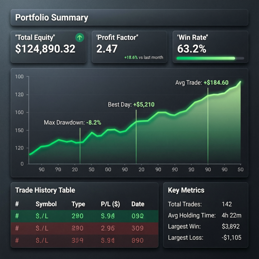 Portfolio summary showing total equity $124,890.32 profit factor 2.47 win rate 63.2% - PFM Capitals trading results