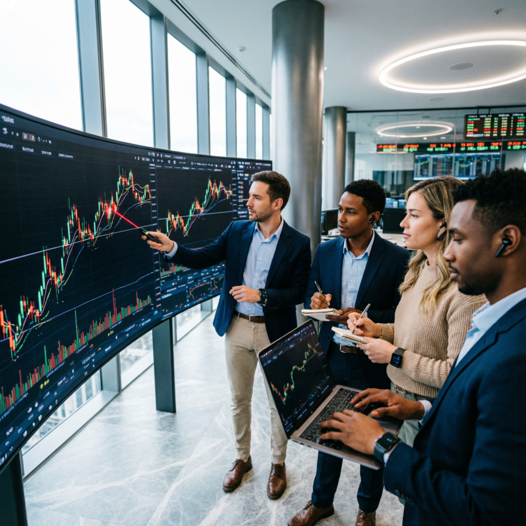 Professional trading team analyzing forex trends and strategies at PFM Capitals