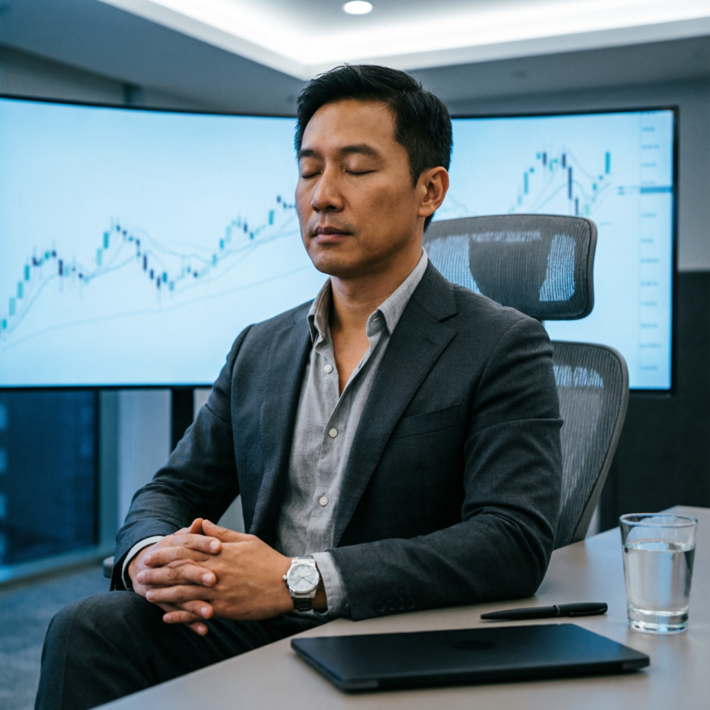 Professional trader maintaining calm discipline during market volatility - trading psychology at PFM Capitals