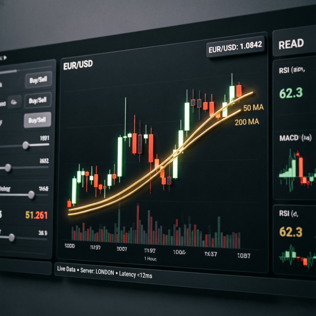 EUR/USD forex chart showing trend following strategy with moving averages and technical indicators