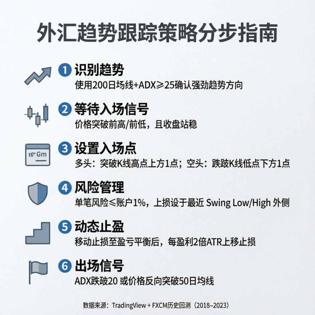 Trend following strategy step by step guide infographic showing identification, entry, risk management and exit signals