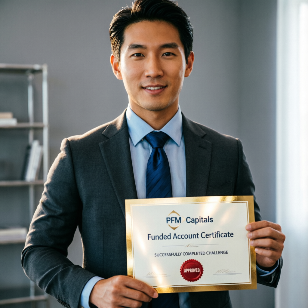 Trader holding PFM Capitals funded account certificate showing successfully completed challenge