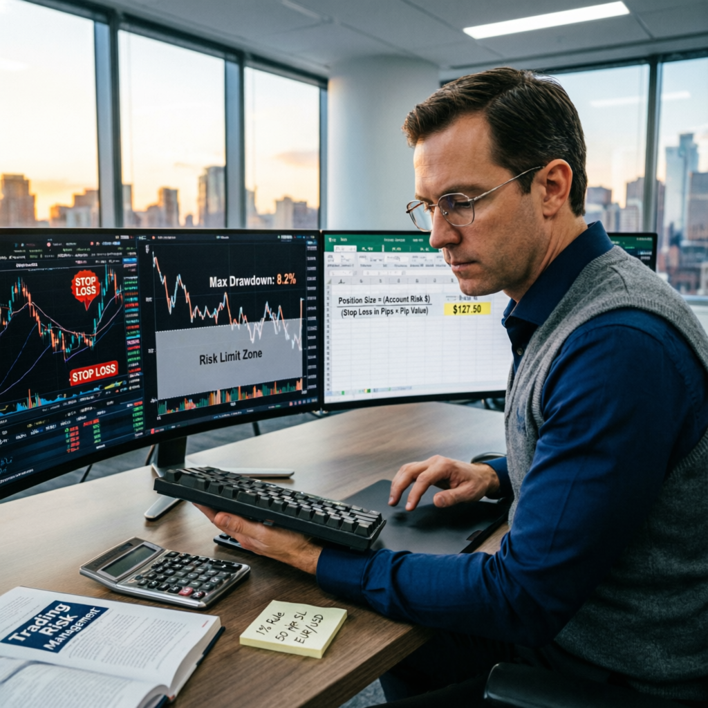 Forex trader managing risk with stop loss and position sizing calculations on multiple monitors