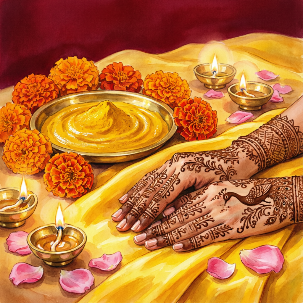 Haldi thali and henna-decorated hands