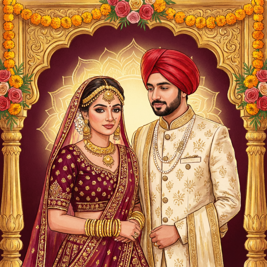 Illustration of Aanya and Vihaan under the mandap