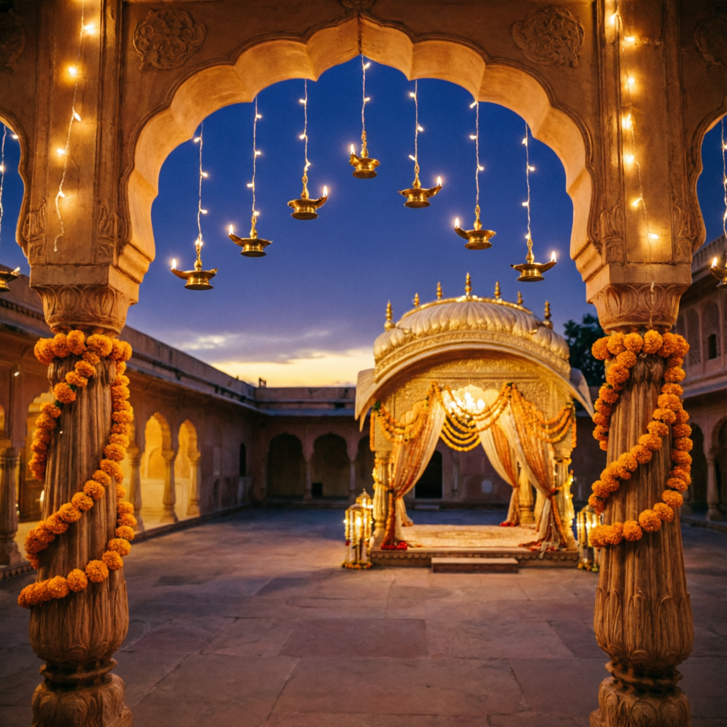 Illuminated Jaipur palace mandap at dusk