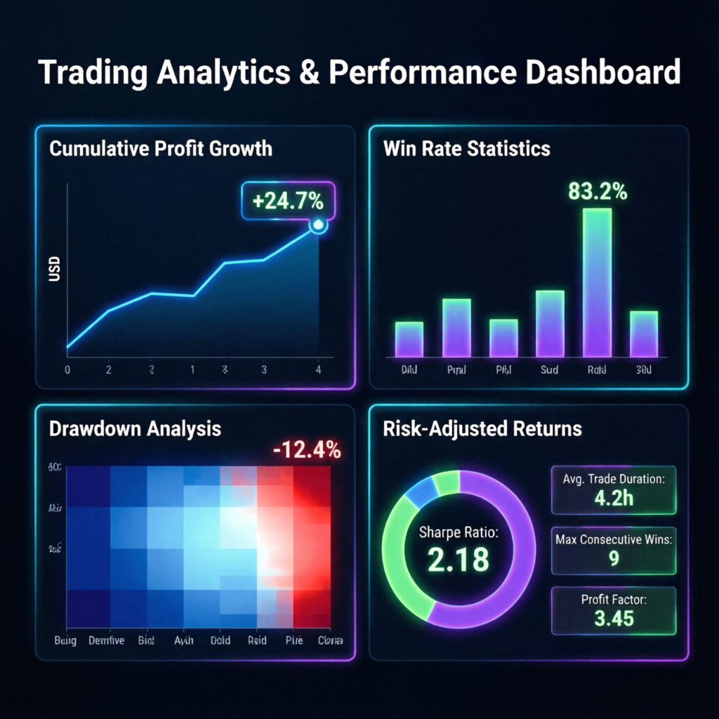 Trading analytics dashboard showing performance metrics and win rate statistics