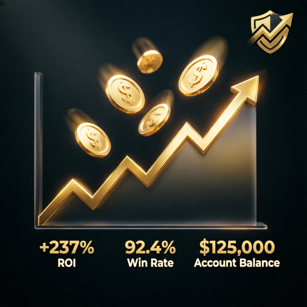 Funded account success with gold chart showing ROI and win rate