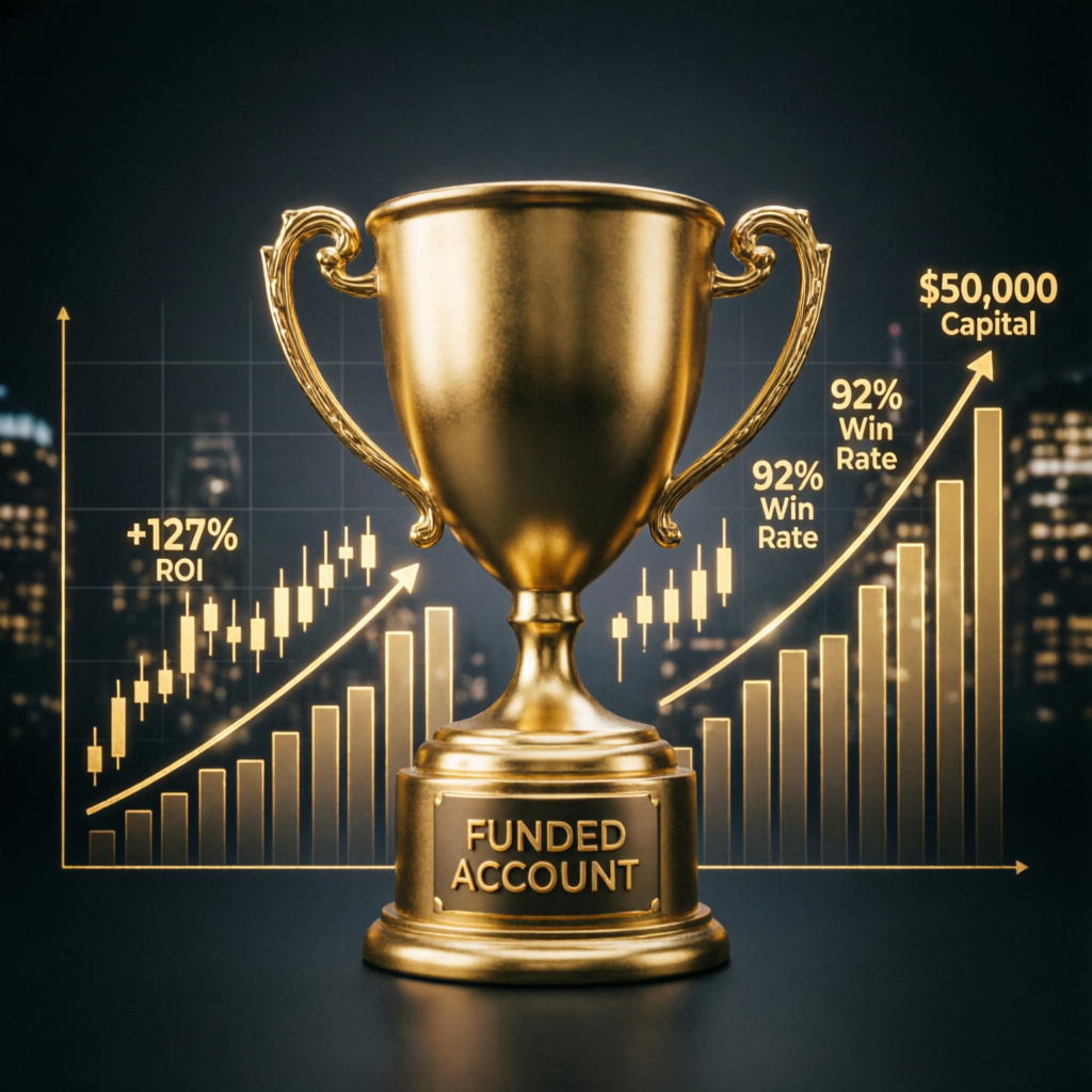 Funded account trophy with trading charts showing success metrics