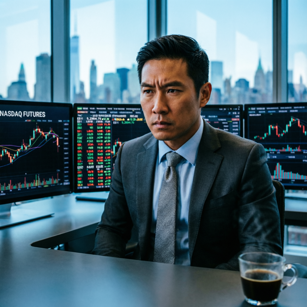 Professional trader analyzing NASDAQ futures data on multiple monitors