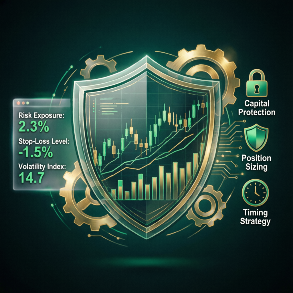 Risk management shield protecting trading capital with analytics
