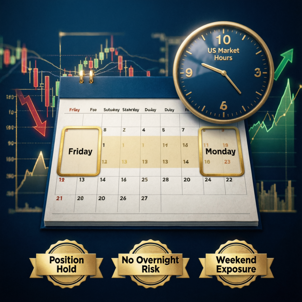 Weekend holding rules calendar showing Friday to Monday market hours