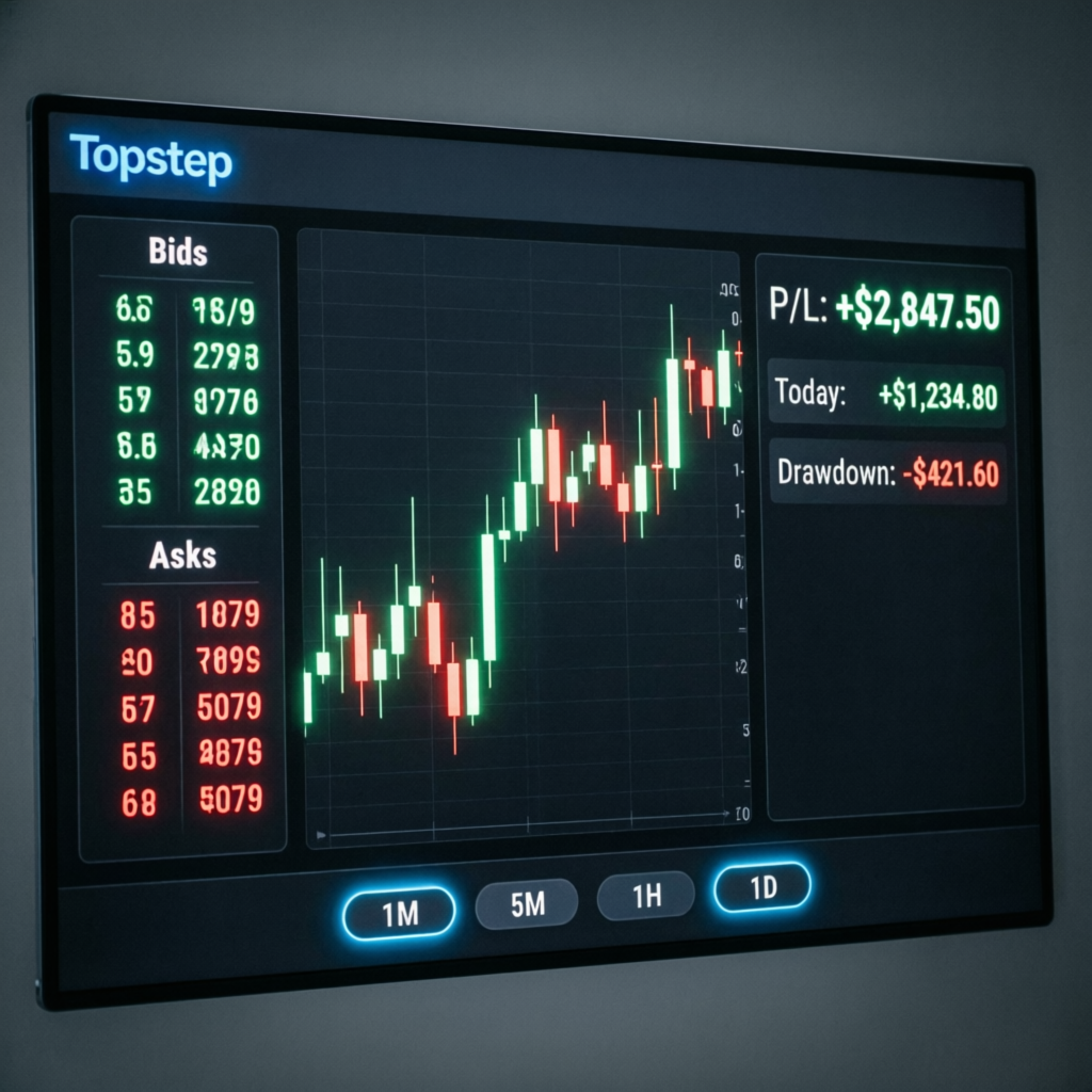 Topstep trading dashboard showing futures charts and P/L indicators