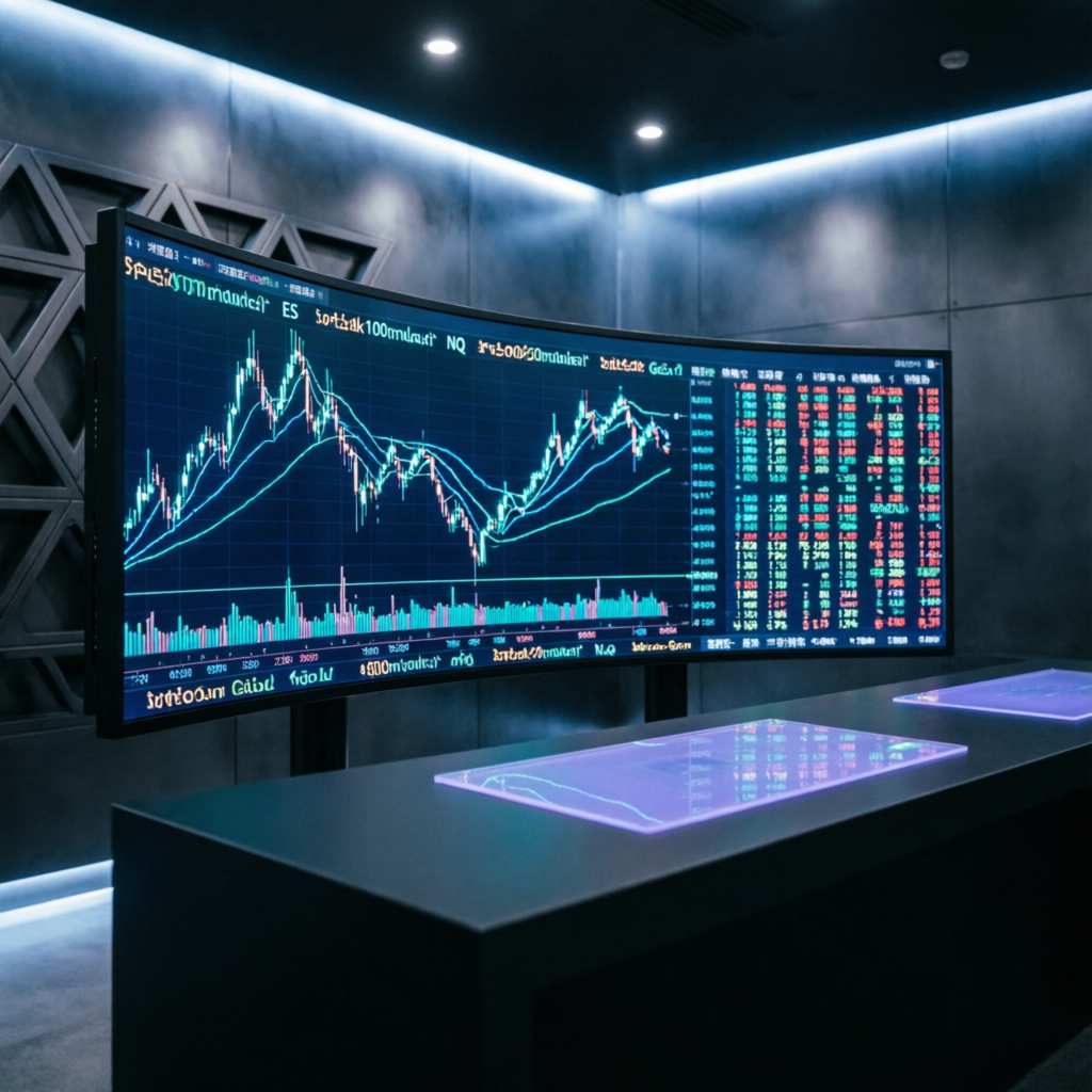 Futures trading terminal showing ES, NQ, and Gold contracts on Topstep platform