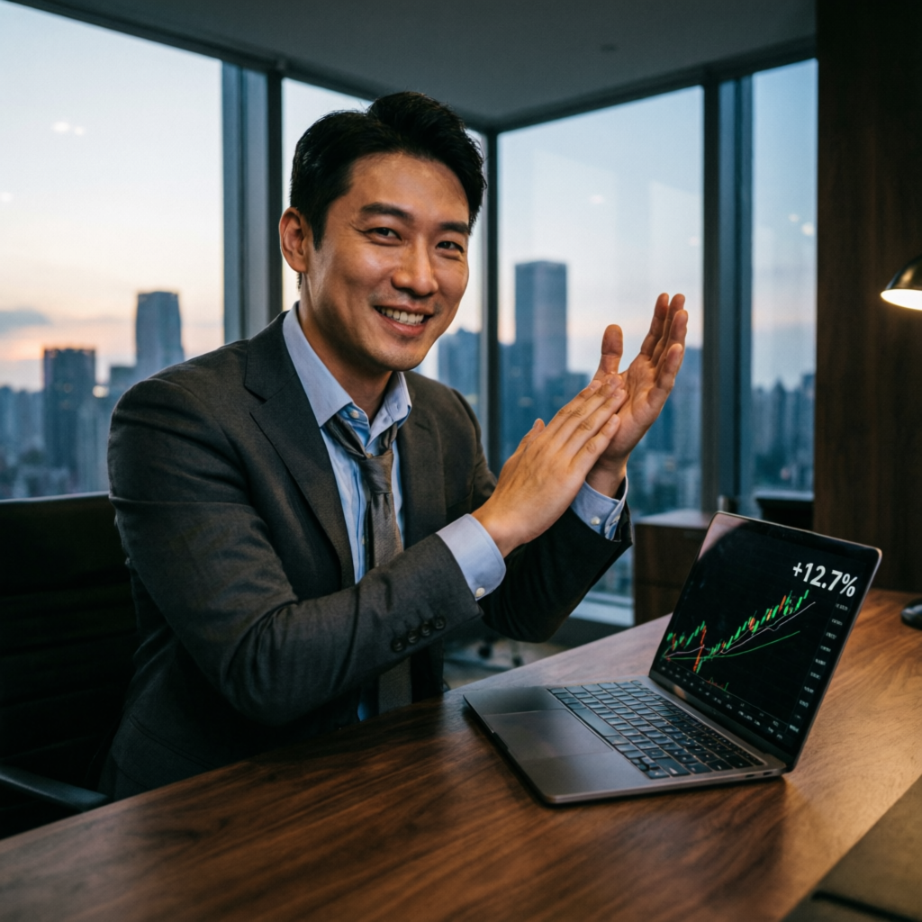 Successful trader celebrating profit with laptop showing trading gains
