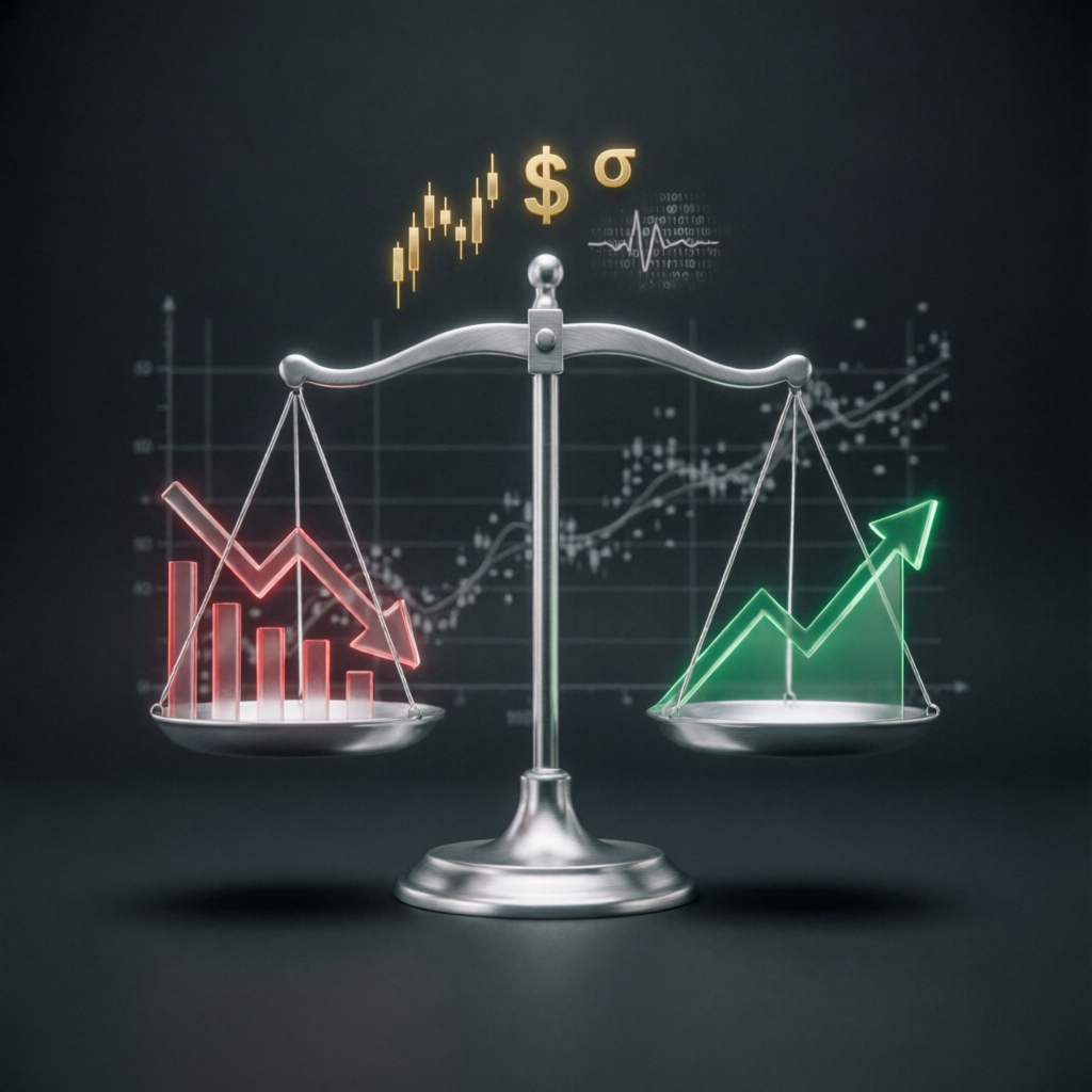 Risk management balance scale showing profit and loss in trading