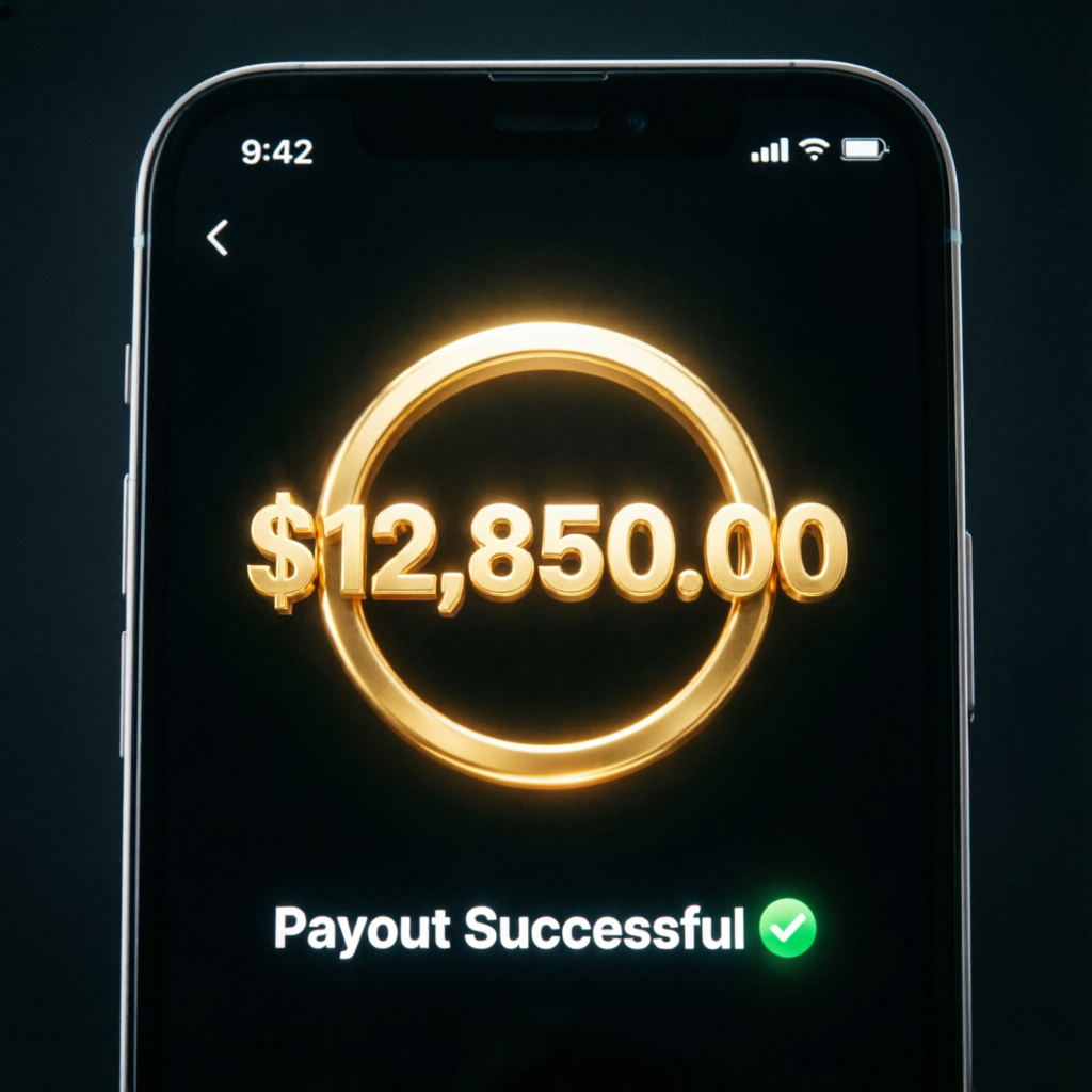 Successful Topstep payout notification showing $12,850 profit