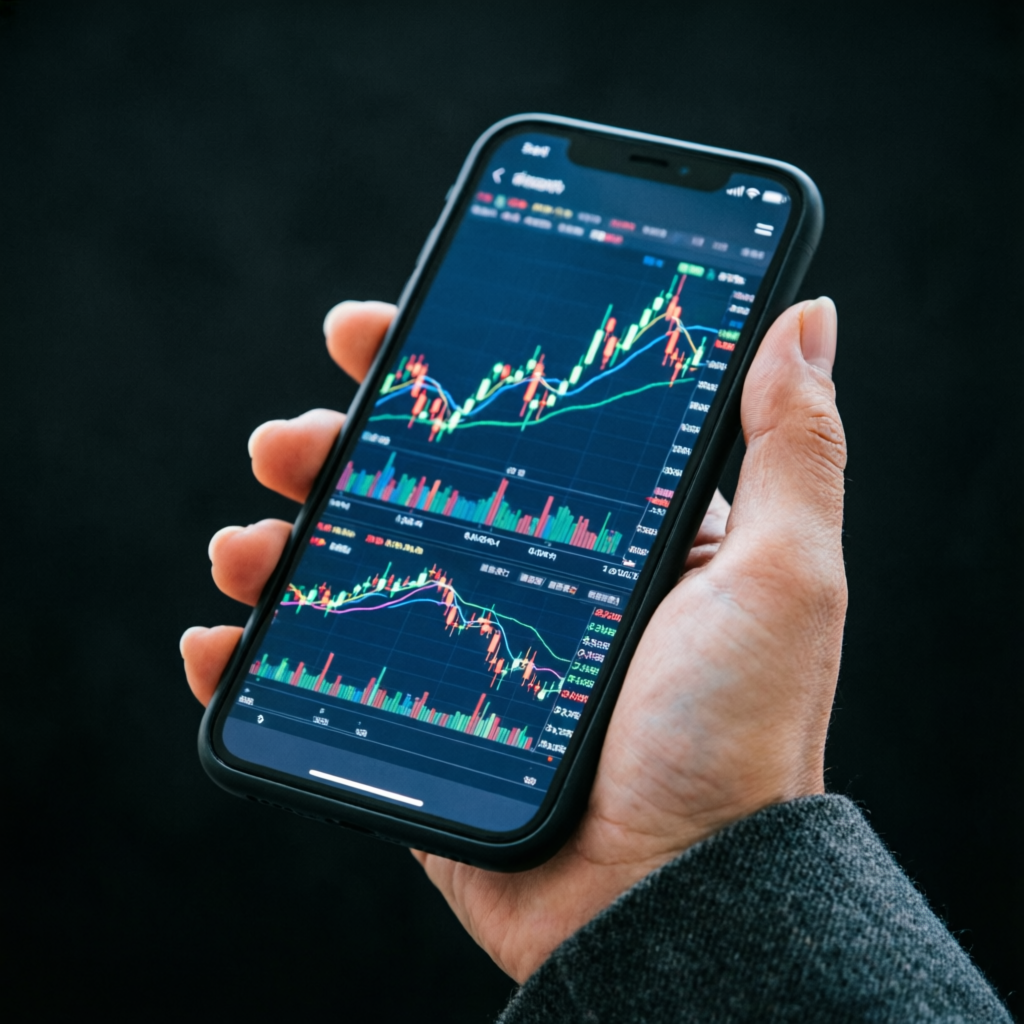 Mobile trading app showing futures charts and real-time market data