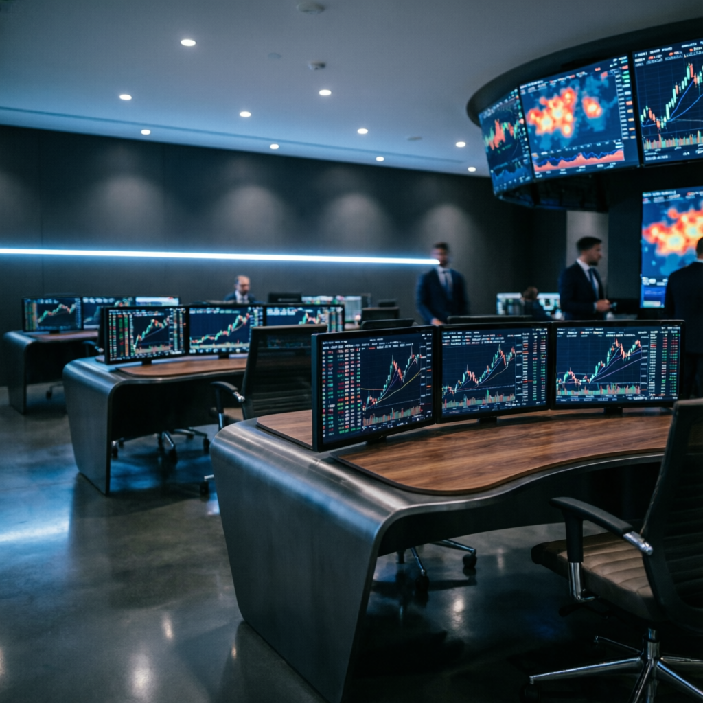 Modern prop firm trading floor with multiple screens and professional traders