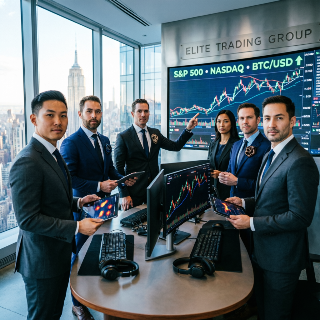 Elite prop trading team in modern corporate office representing Topstep scaling success