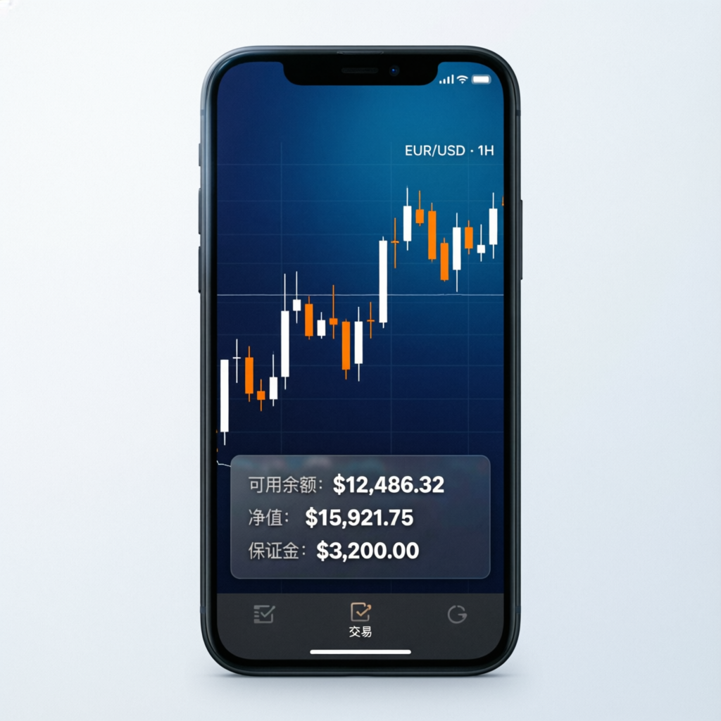 Mobile trading app showing EUR/USD forex charts with account balance on smartphone