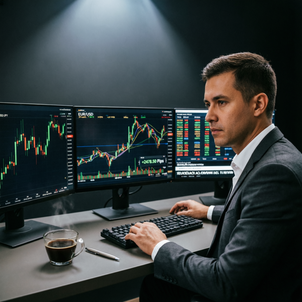 Professional trader analyzing multiple Topstep trading screens with futures charts
