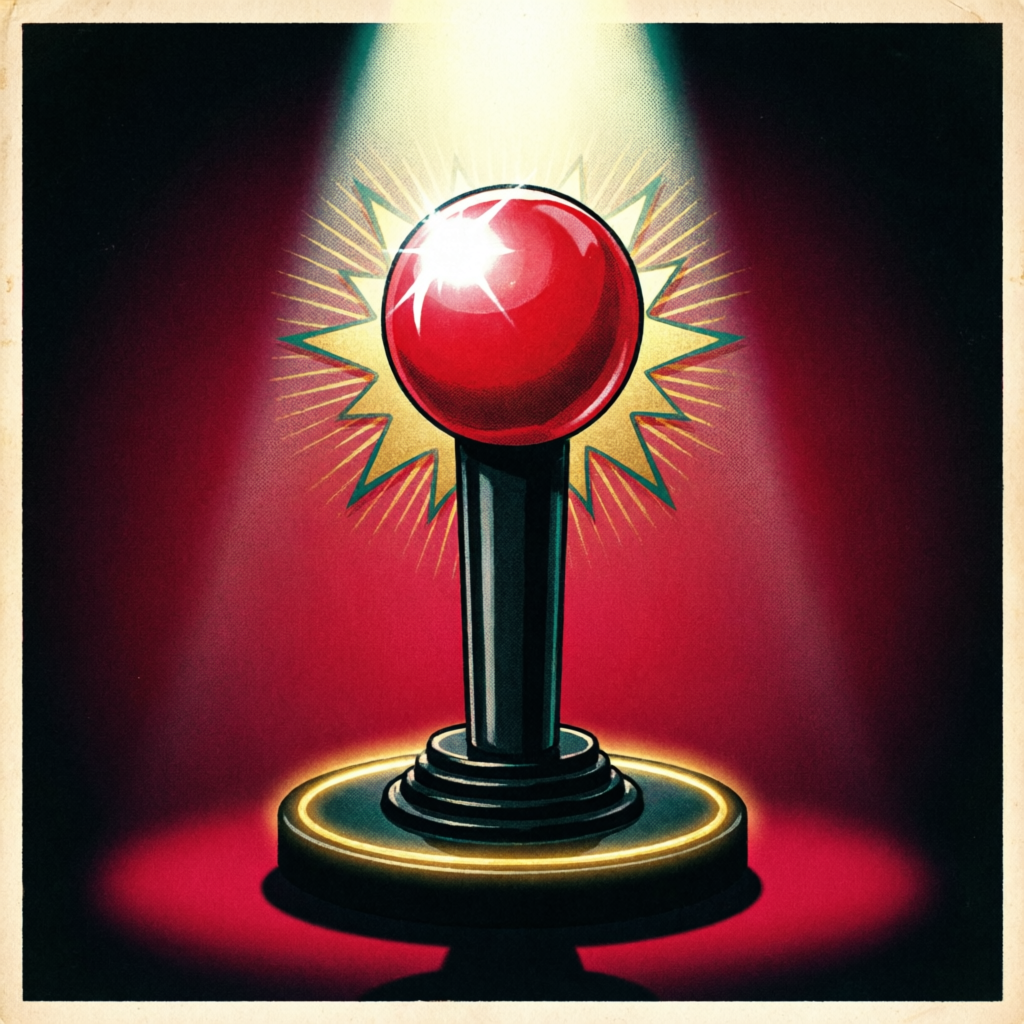 Hot Stick — a glossy red-topped arcade joystick under a single hot spotlight, Mondo exploitation poster style