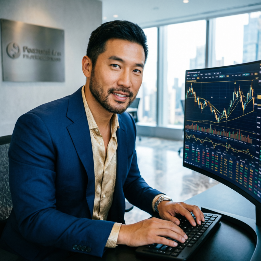 Professional forex trader analyzing charts at modern office desk