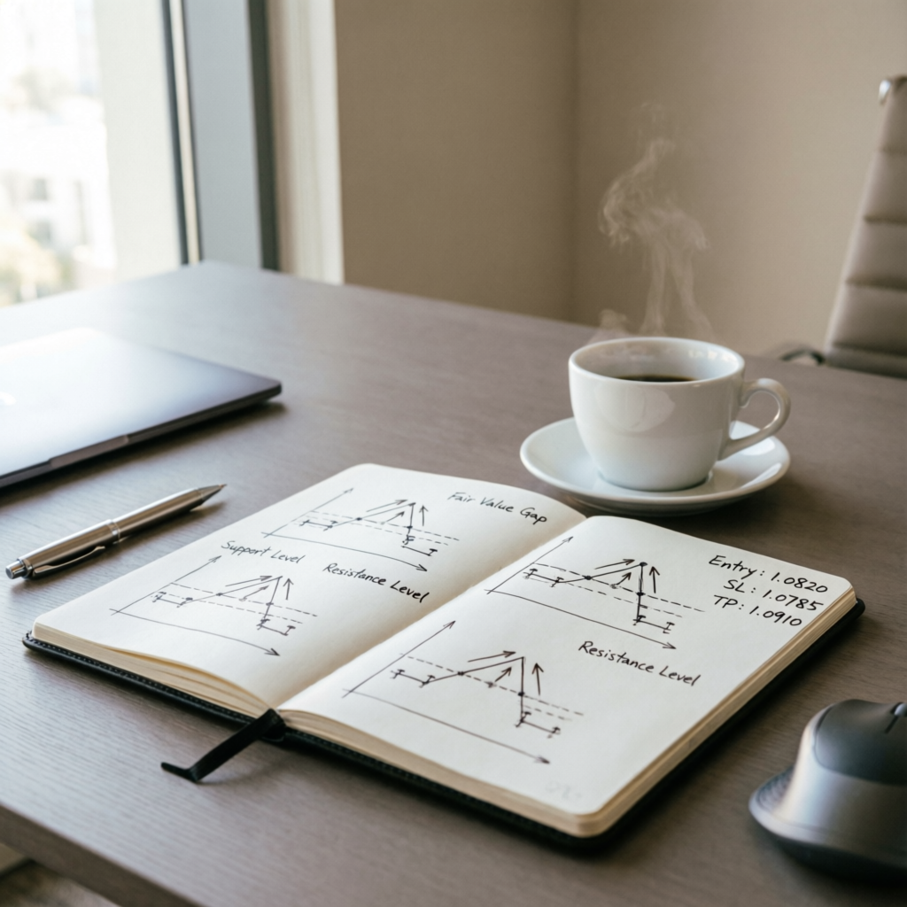 Trading strategy notebook with chart patterns, fair value gaps, support and resistance levels