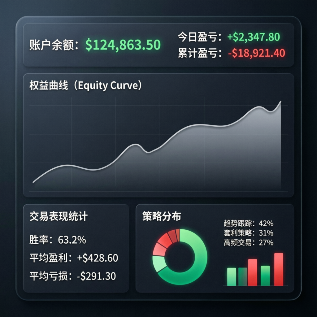 Trading dashboard showing account balance, equity curve, and performance metrics