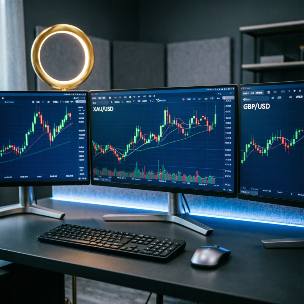 Maven Trading professional workspace with multiple monitors showing forex charts