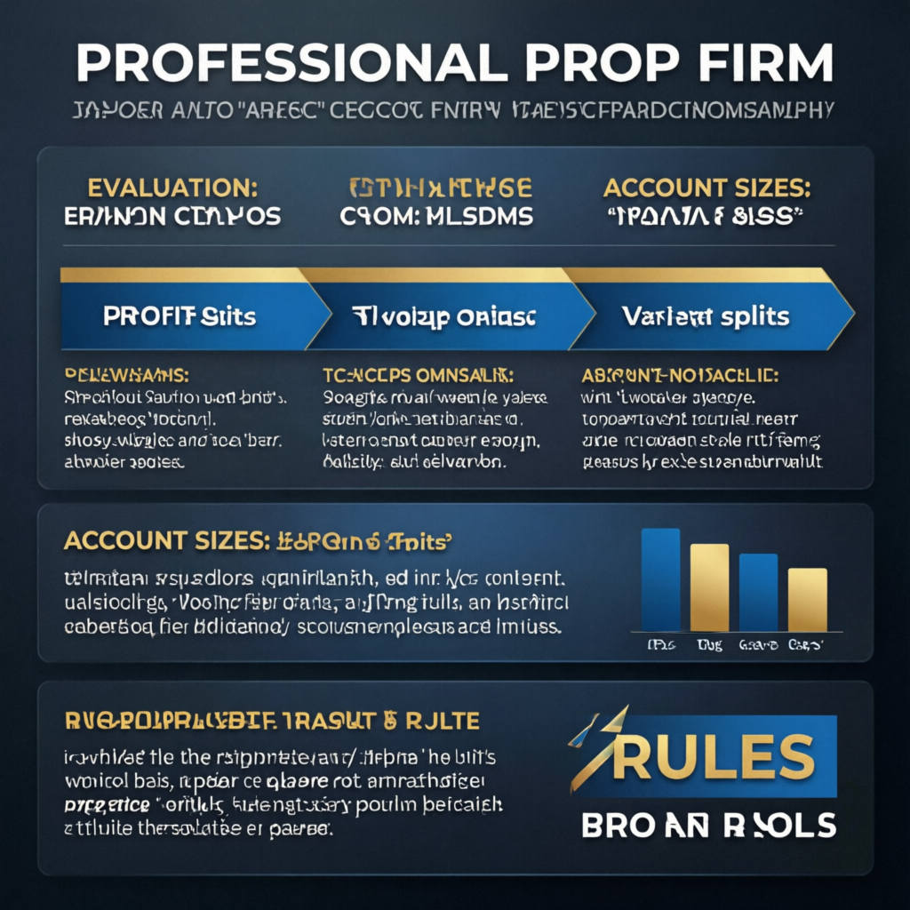 Professional prop firm comparison showing evaluation phases, profit splits, and account sizes