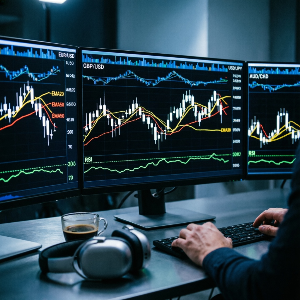 Forex trading strategy execution with multiple currency pair charts