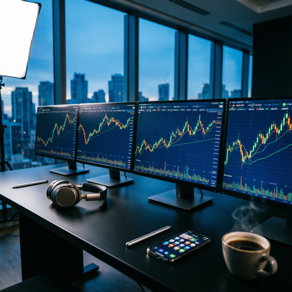 Professional trading desk with multiple monitors showing forex charts - PFM Capitals prop firms passing service