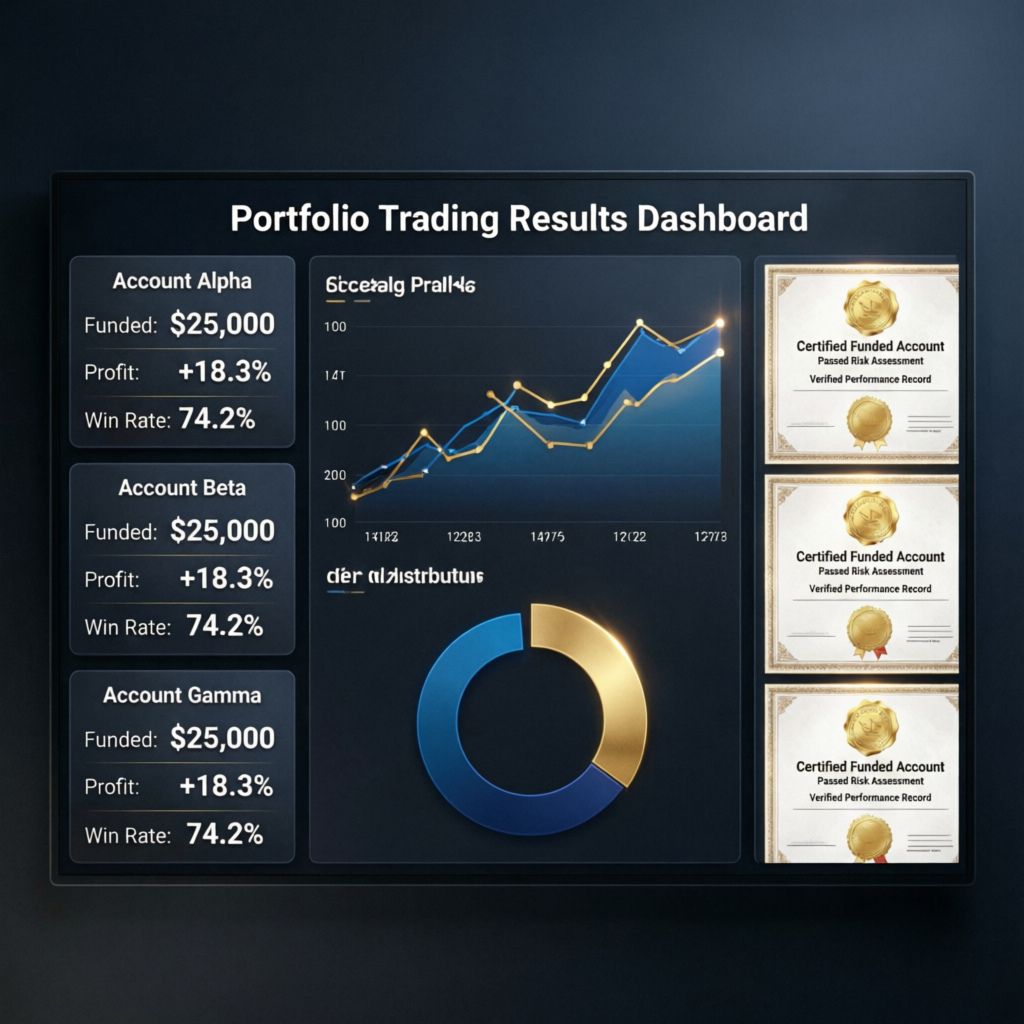 Portfolio trading results dashboard with successful funded accounts