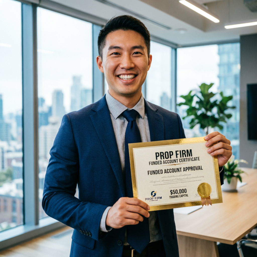 Professional trader holding prop firm funded account certificate - PFM Capitals success