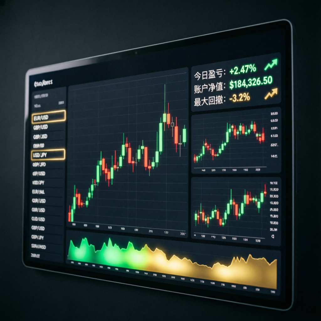 Professional trading dashboard showing live forex charts and profit indicators