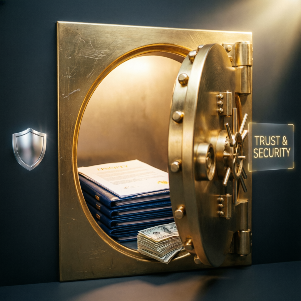 Trust and security concept with vault and financial documents