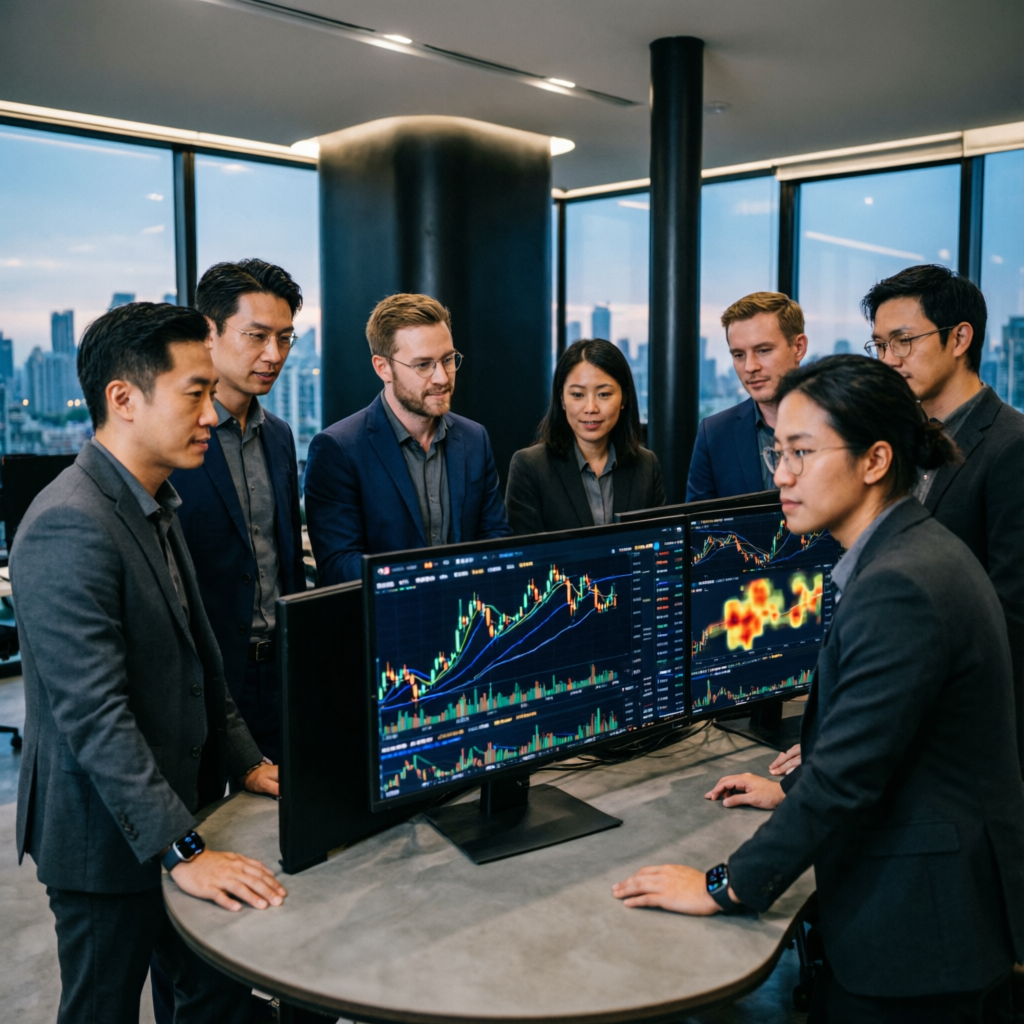 Professional team of forex traders analyzing markets together